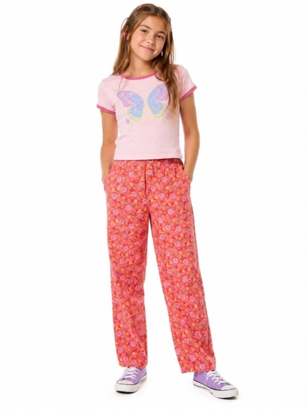 Vintage Avanti Girls 90s Floral High Waist Pants Pink Pop Art Y2K Sz 12-13